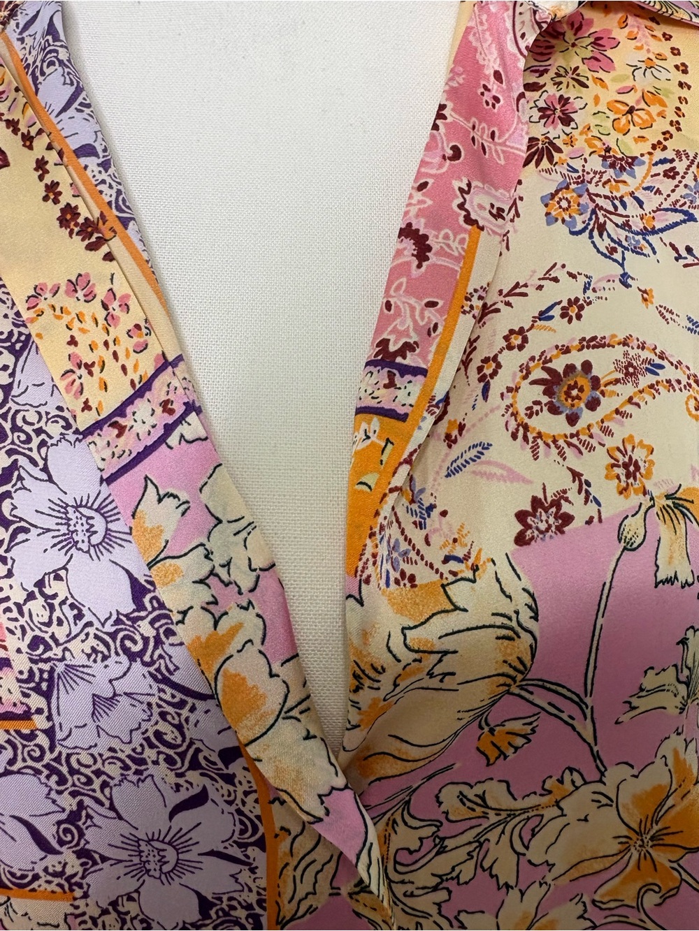 Zara Patchwork Floral Satin Button-Down Shirt - Pink, Cream, Lavender, Gold - Picture 8 of 10